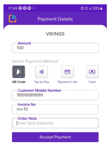 softPOS Payment Details screen with store name, amount field, QR Code payment method selected, customer mobile number, invoice number, optional order note, and Accept Payment button