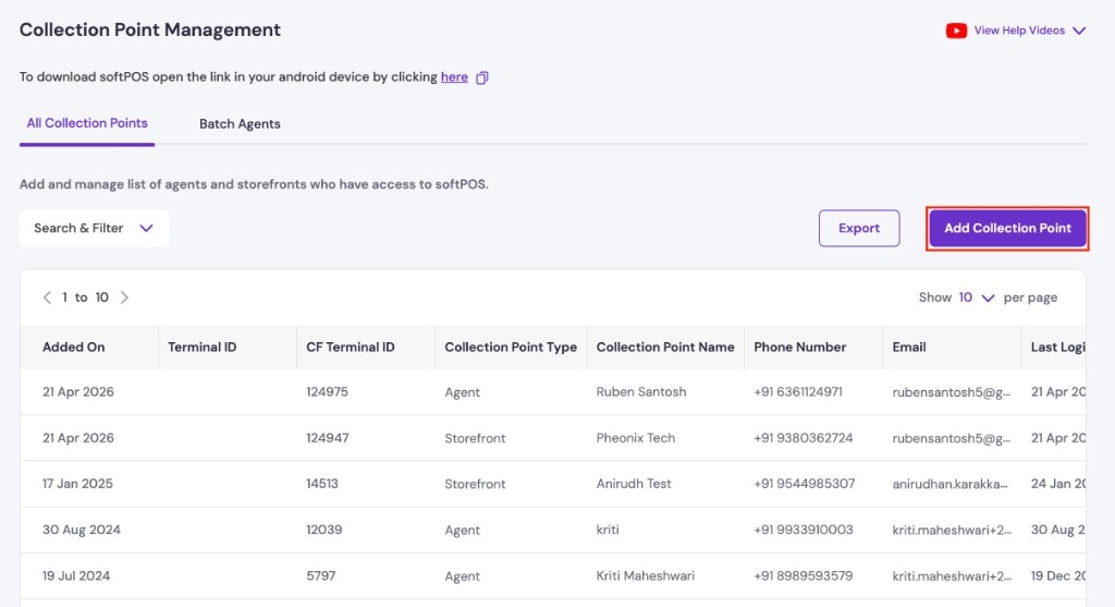 Collection Point Management with All Collection Points and Batch Agents tabs, Add Collection Point button, and a table listing Agent and Storefront collection points with contact details and last login