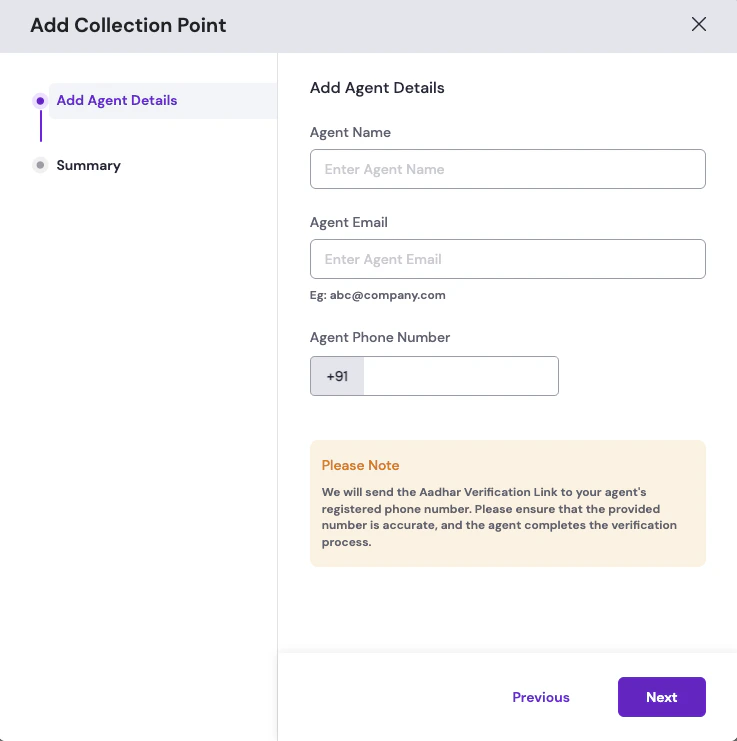 Add Collection Point modal on the Add Agent Details step with fields for agent name, email, and phone number plus a note about the Aadhaar verification link sent to the registered phone