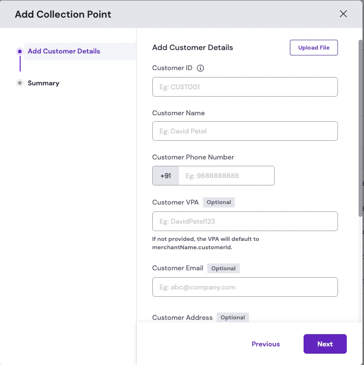 Add Collection Point modal on the Add Customer Details step with Customer ID, name, phone, optional VPA and email fields, and an Upload File button for batch customer onboarding