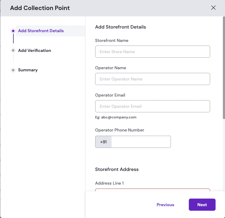 Add Collection Point modal showing storefront name, operator name, email, phone, and storefront address fields
