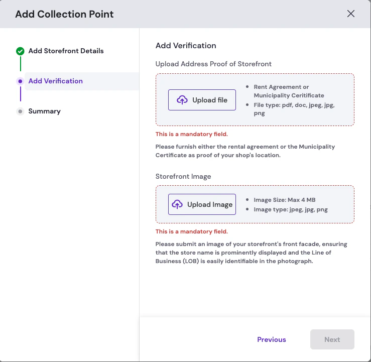 Add Collection Point modal on the Add Verification step with upload controls for address proof and storefront image and validation messages for mandatory fields