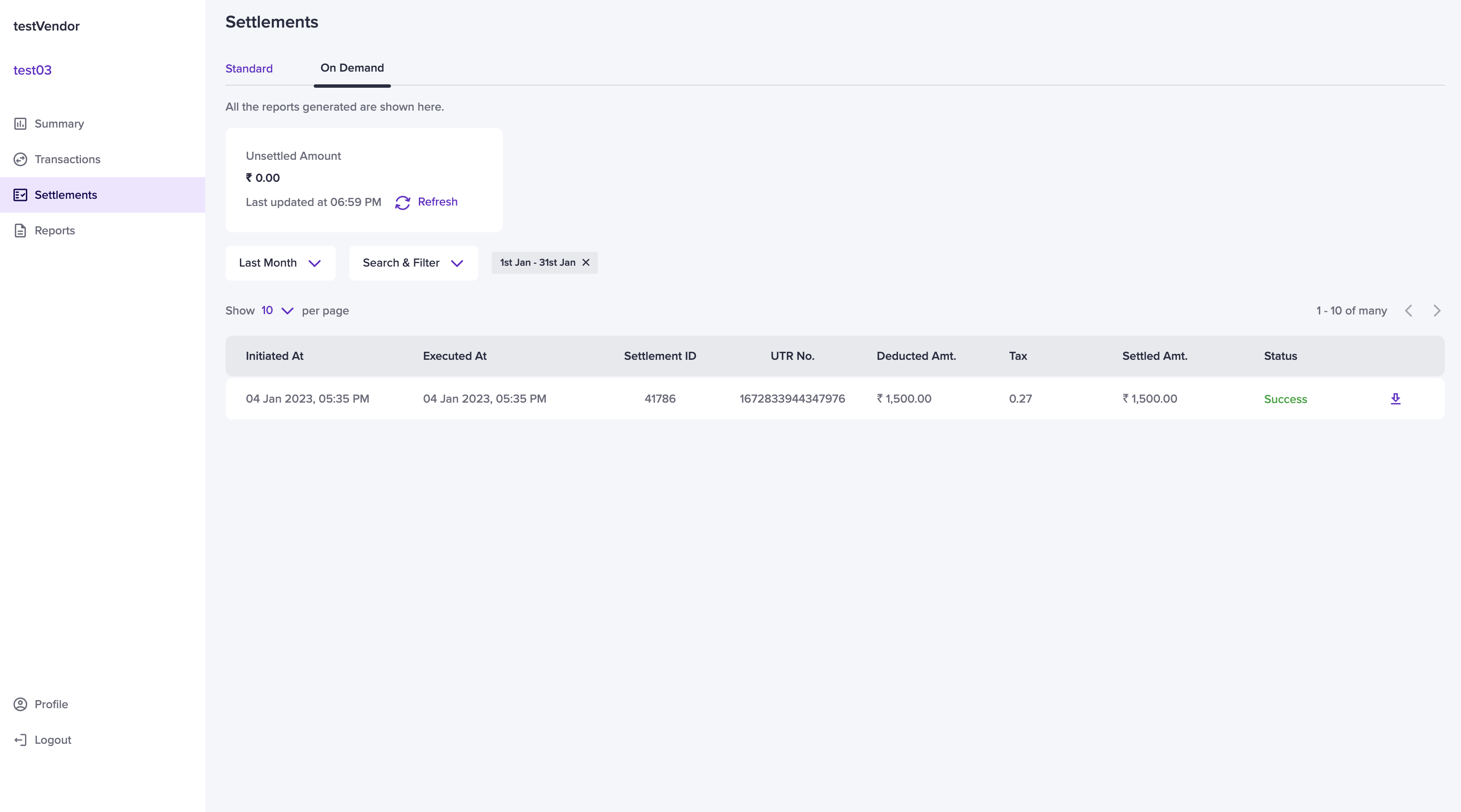 Vendor Dashboard Settlements | Cashfree Payments