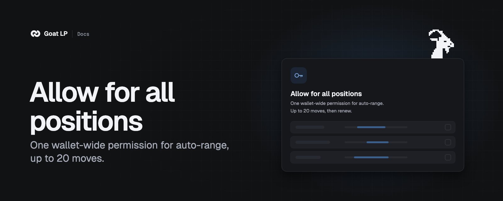 Allow for all positions cover: a wallet-wide permission card for auto-range, up to 20 moves then renew.