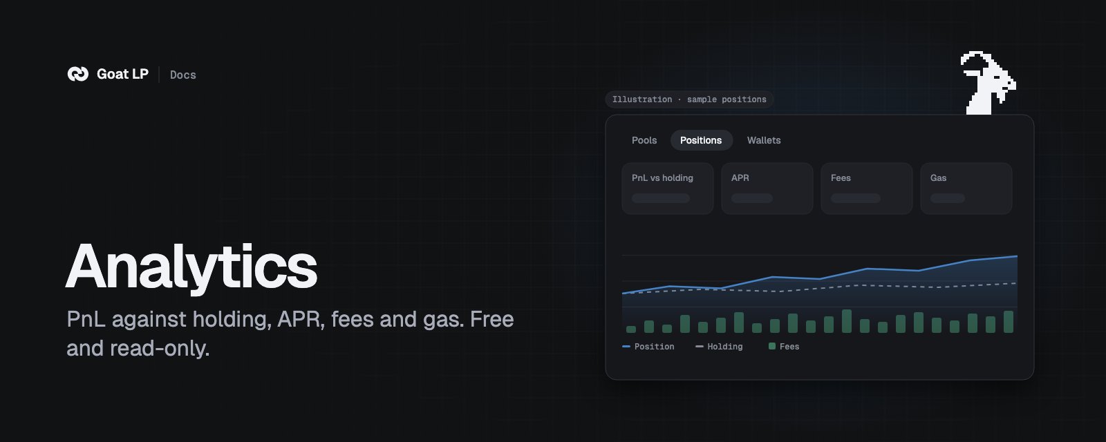 Analytics cover: a dashboard card with PnL vs holding, APR, fees and gas tiles and a position-versus-holding chart, tagged Illustration · sample positions, with the pixel goat.