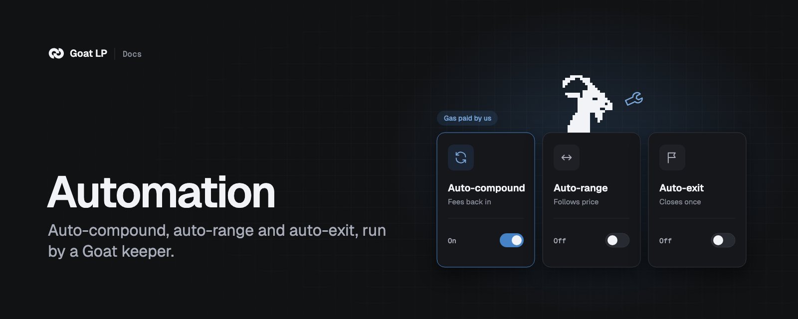 Automation cover: auto-compound, auto-range and auto-exit cards with only auto-compound switched on (one automation per position), and the pixel goat keeper holding a wrench.