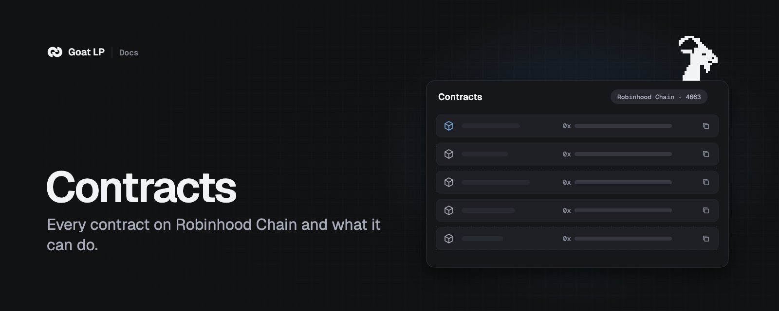 Contracts cover: a ledger of contract rows on Robinhood Chain, chain 4663, with the pixel goat.