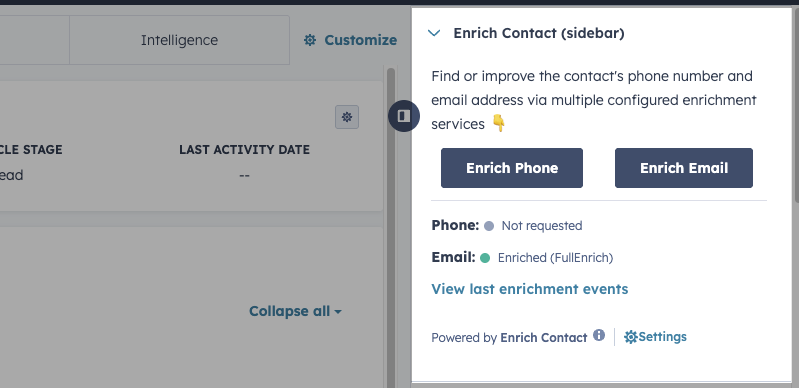 Carte Enrich Contact dans la sidebar d'une fiche contact HubSpot