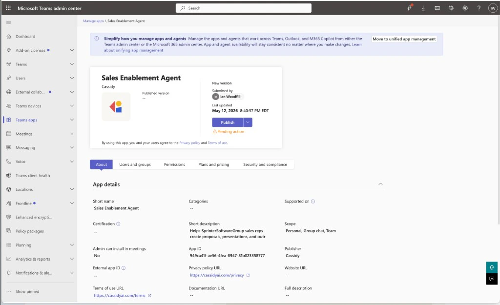 Teams admin center app details page for the submitted custom app