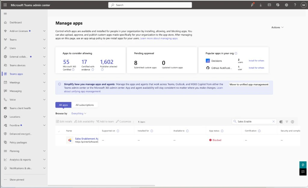 Teams admin center Manage apps page showing the submitted custom app