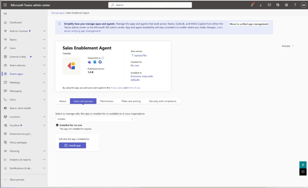 Teams admin center Users and groups tab showing the app installed for everyone