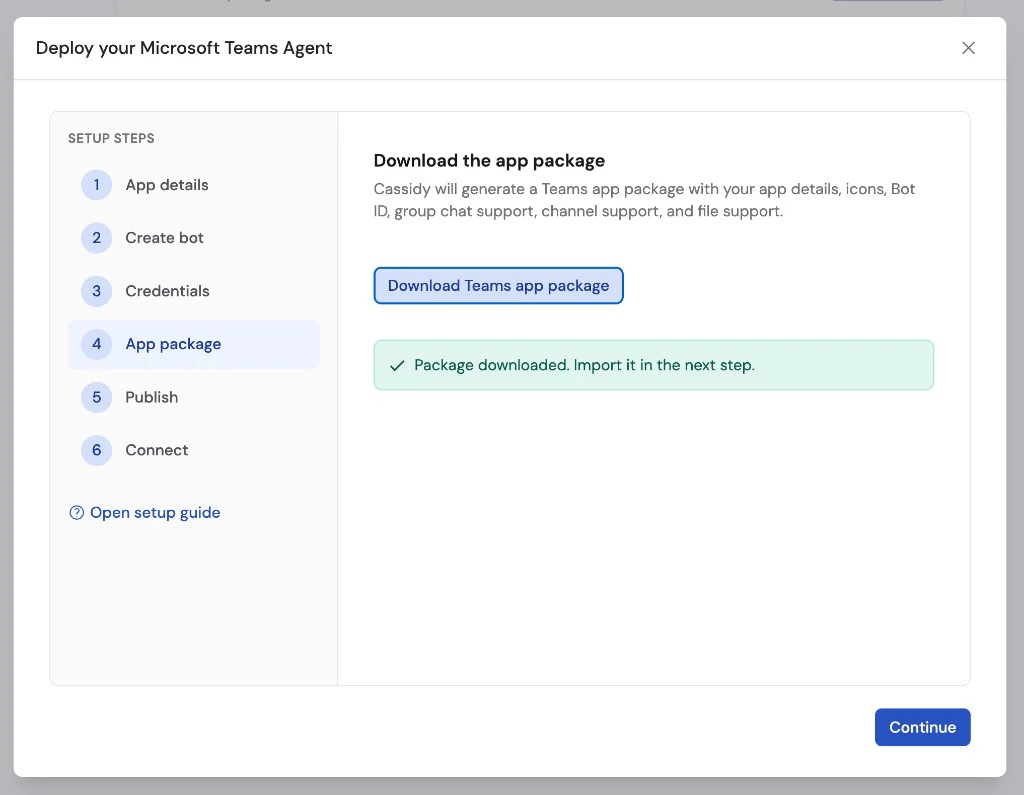 Cassidy Microsoft Teams deployment wizard showing the app package downloaded confirmation