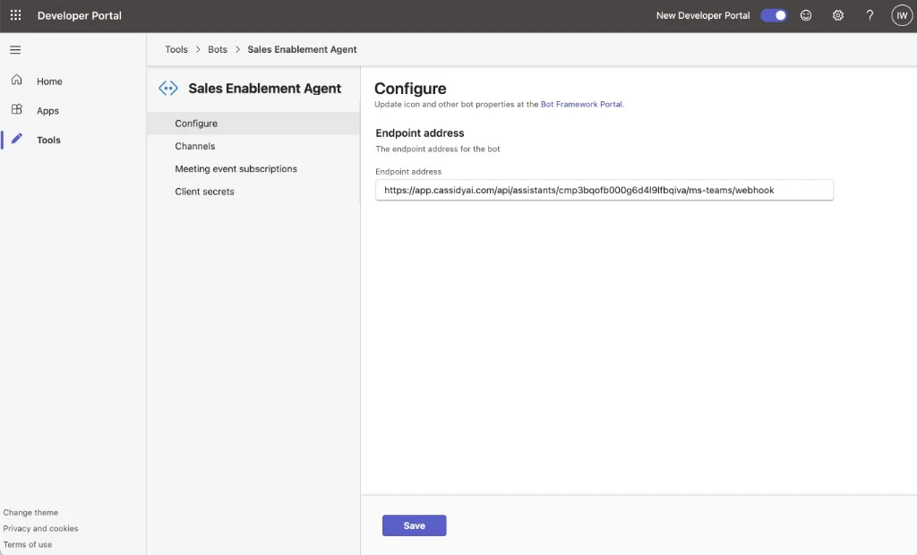 Teams Developer Portal bot Configure page showing the Endpoint address field