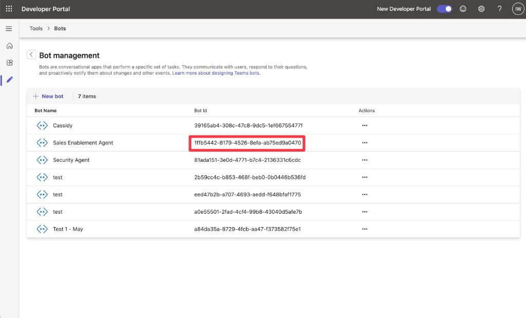 Teams Developer Portal Bot management page with the Bot Id column highlighted