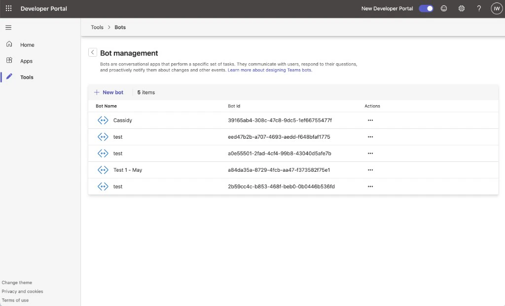 Teams Developer Portal Bot management page with the New bot button