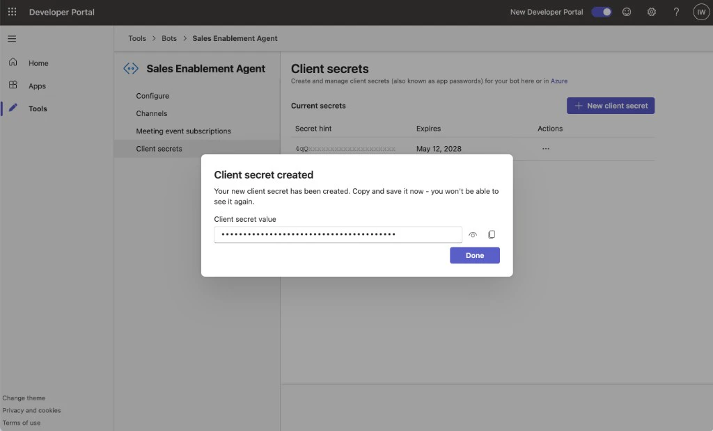Teams Developer Portal dialog showing a newly created client secret value