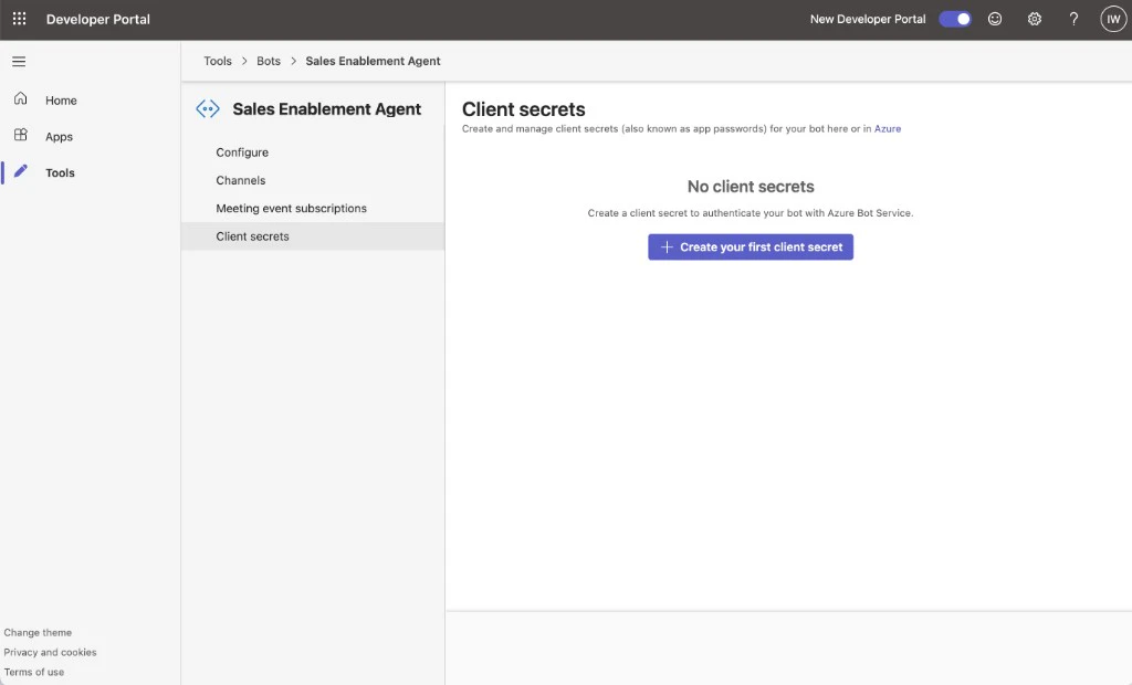 Teams Developer Portal Client secrets tab before a client secret is created