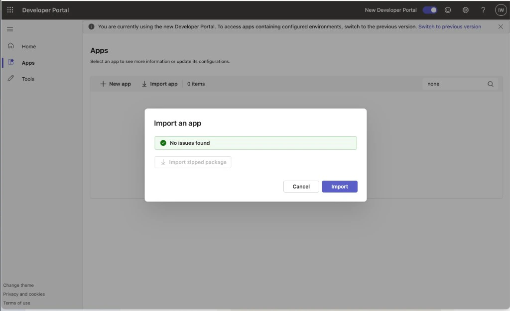 Teams Developer Portal Import app dialog showing no issues found
