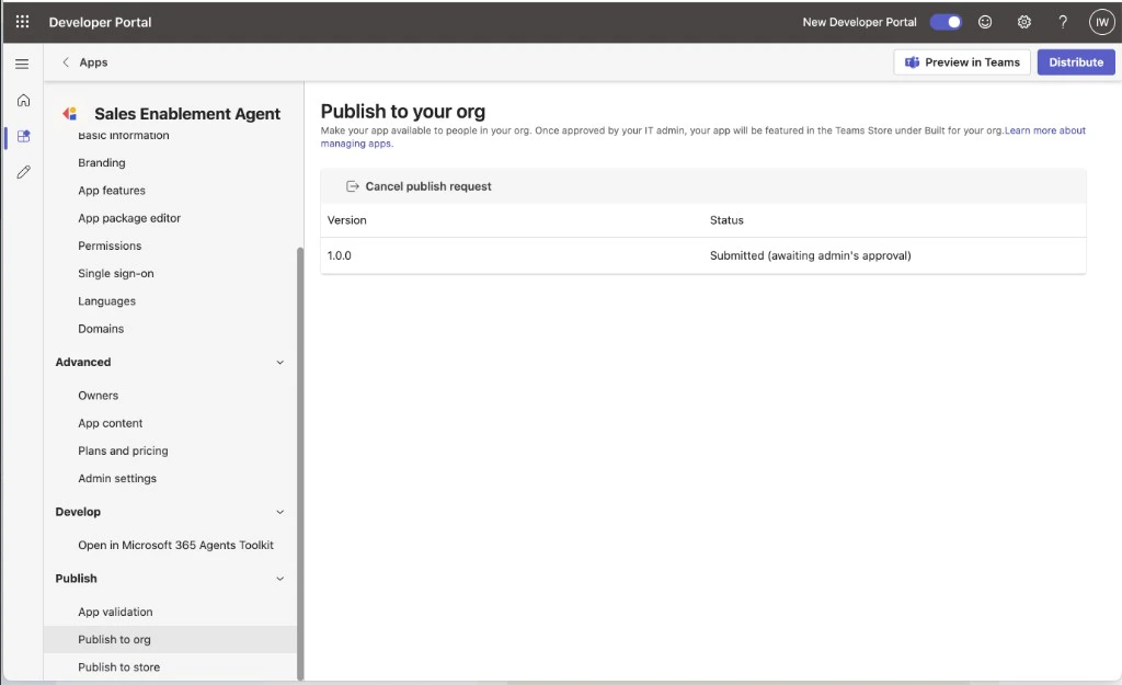 Teams Developer Portal Publish to your org page before submitting the app