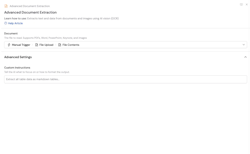 Advanced Document Extraction action added to the Workflow