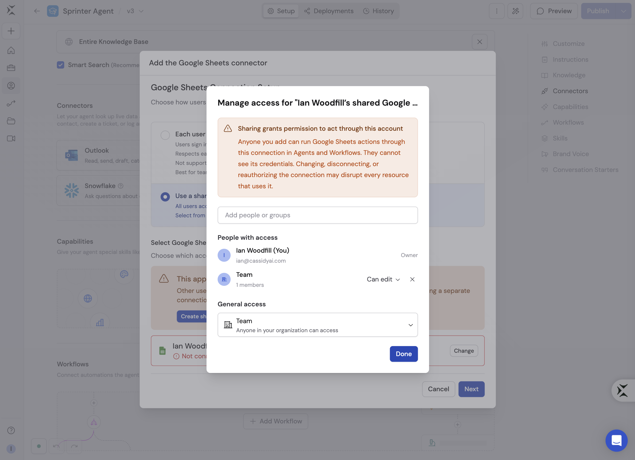 Manage access dialog for a shared Google Sheets connection with people, groups, and general access options