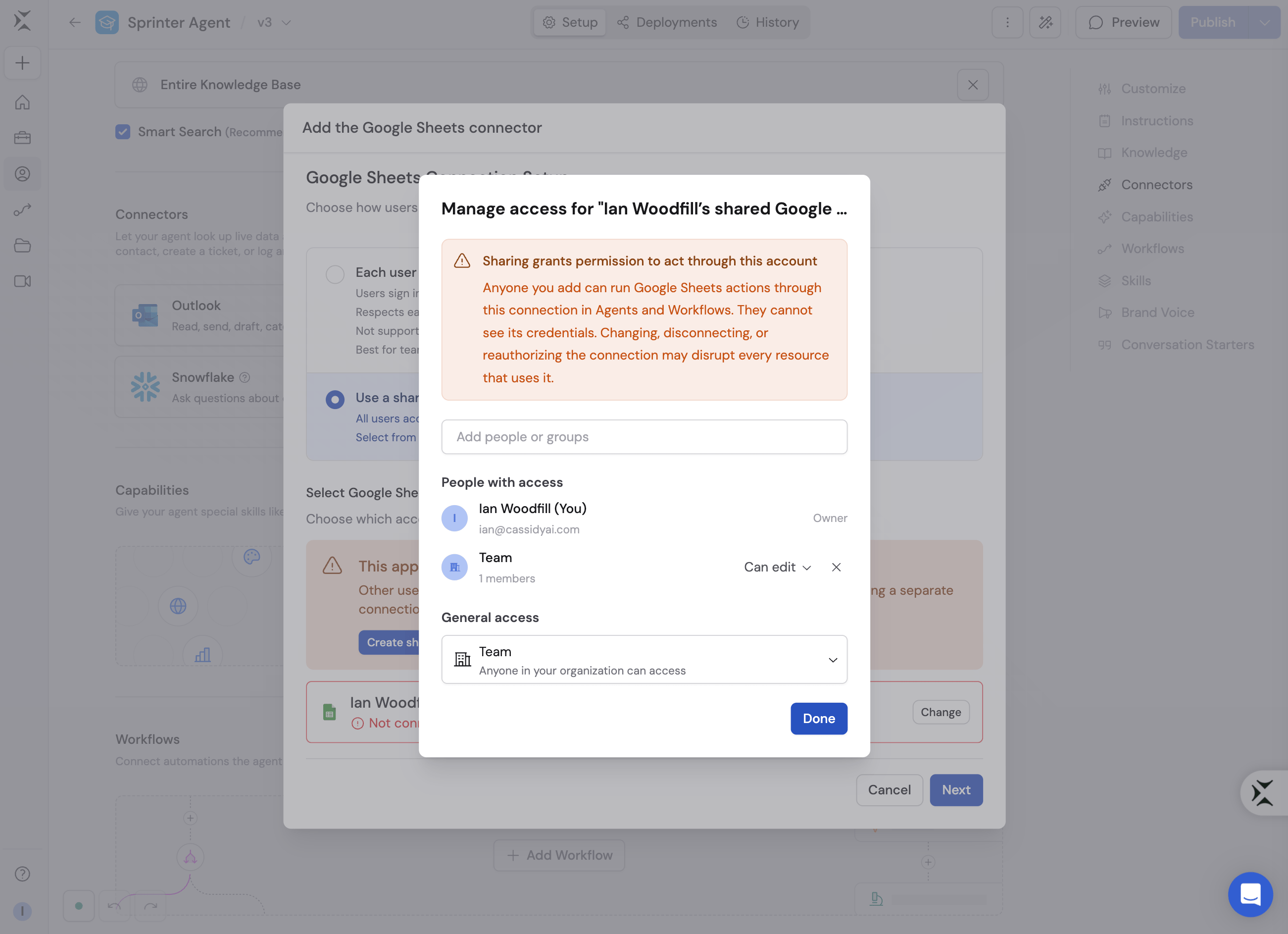 Manage access dialog for a shared Google Sheets connection with people, groups, and general access options