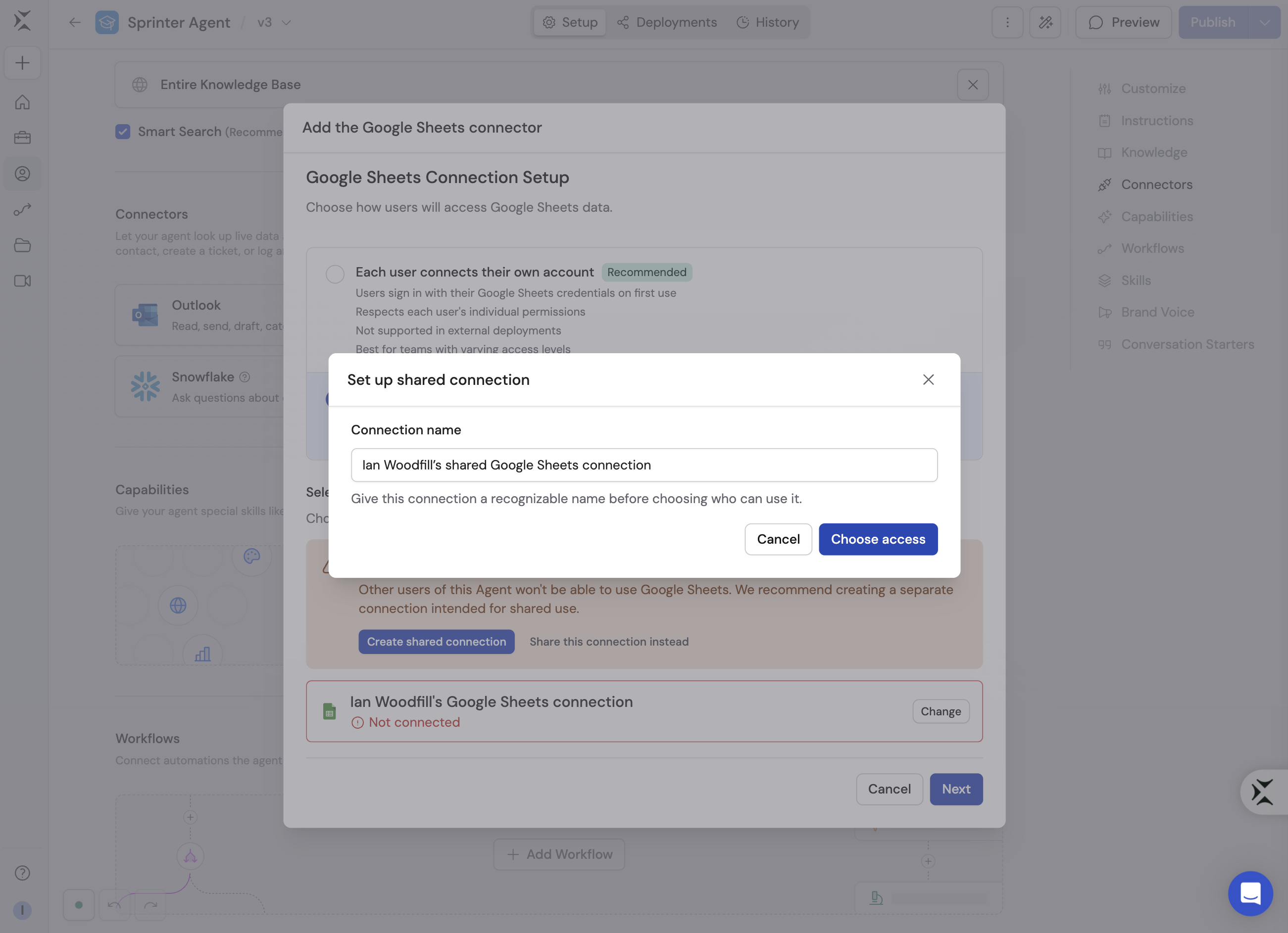 Google Sheets connection setup showing the shared connection naming step
