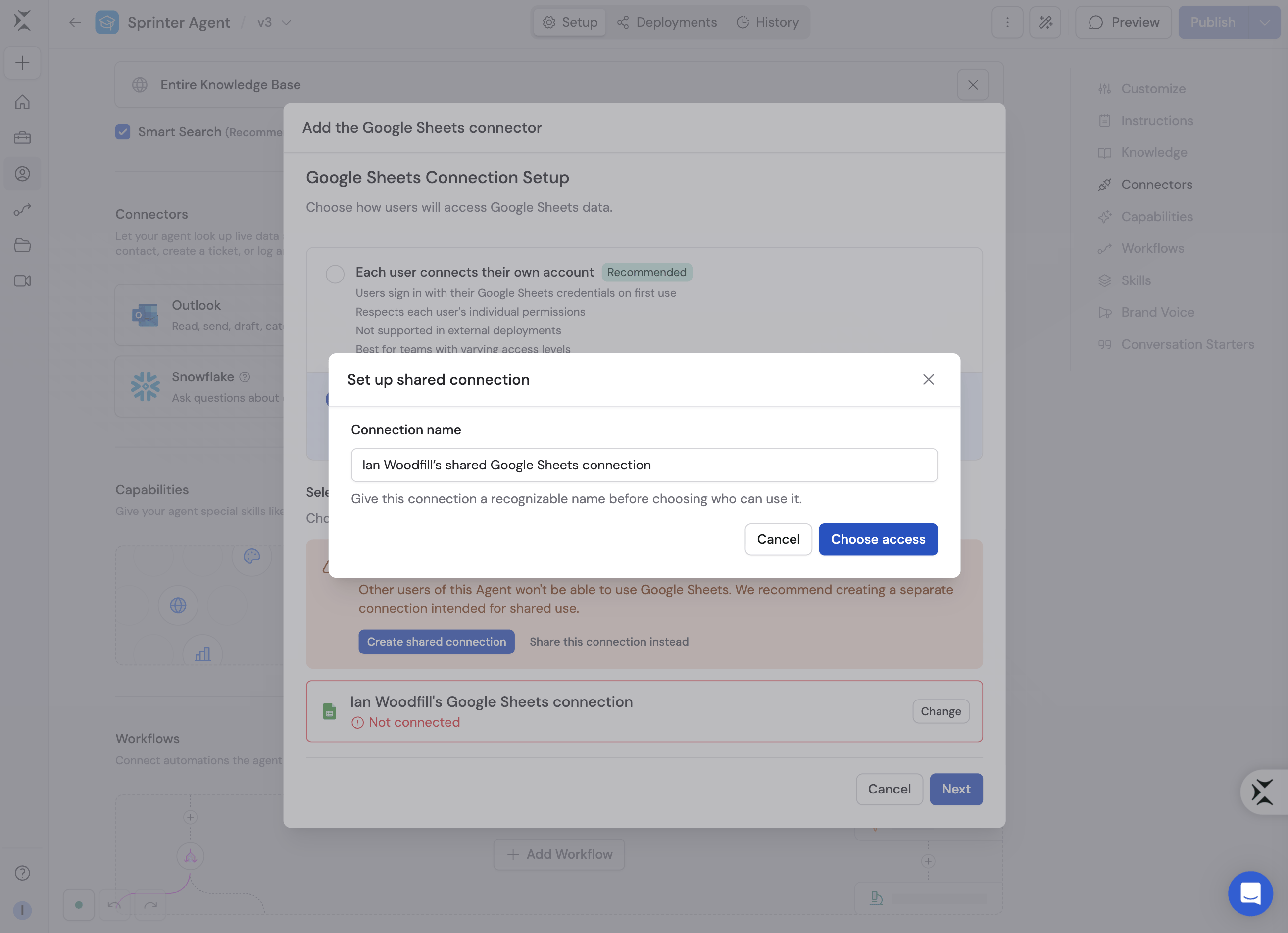 Google Sheets connection setup showing the shared connection naming step
