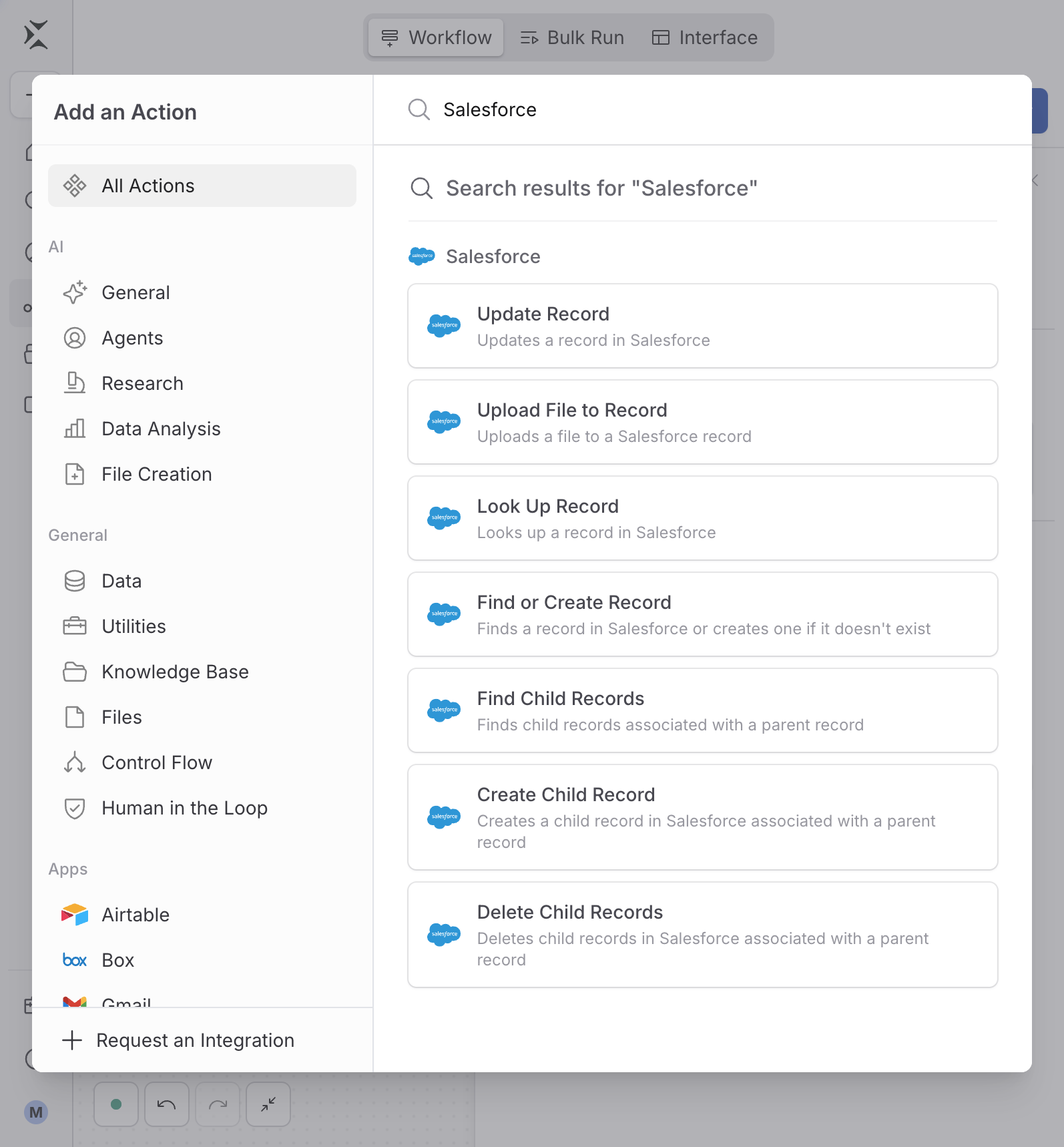 Action picker filtered to Salesforce, showing the Upload File to Record action