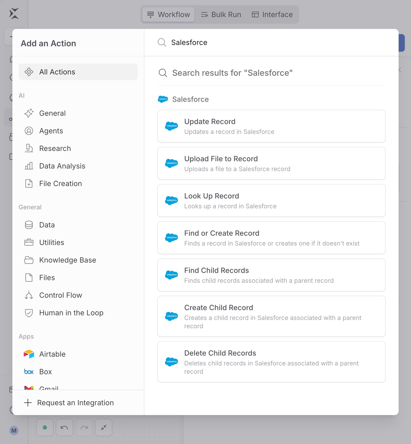 Action picker filtered to Salesforce, showing the Upload File to Record action
