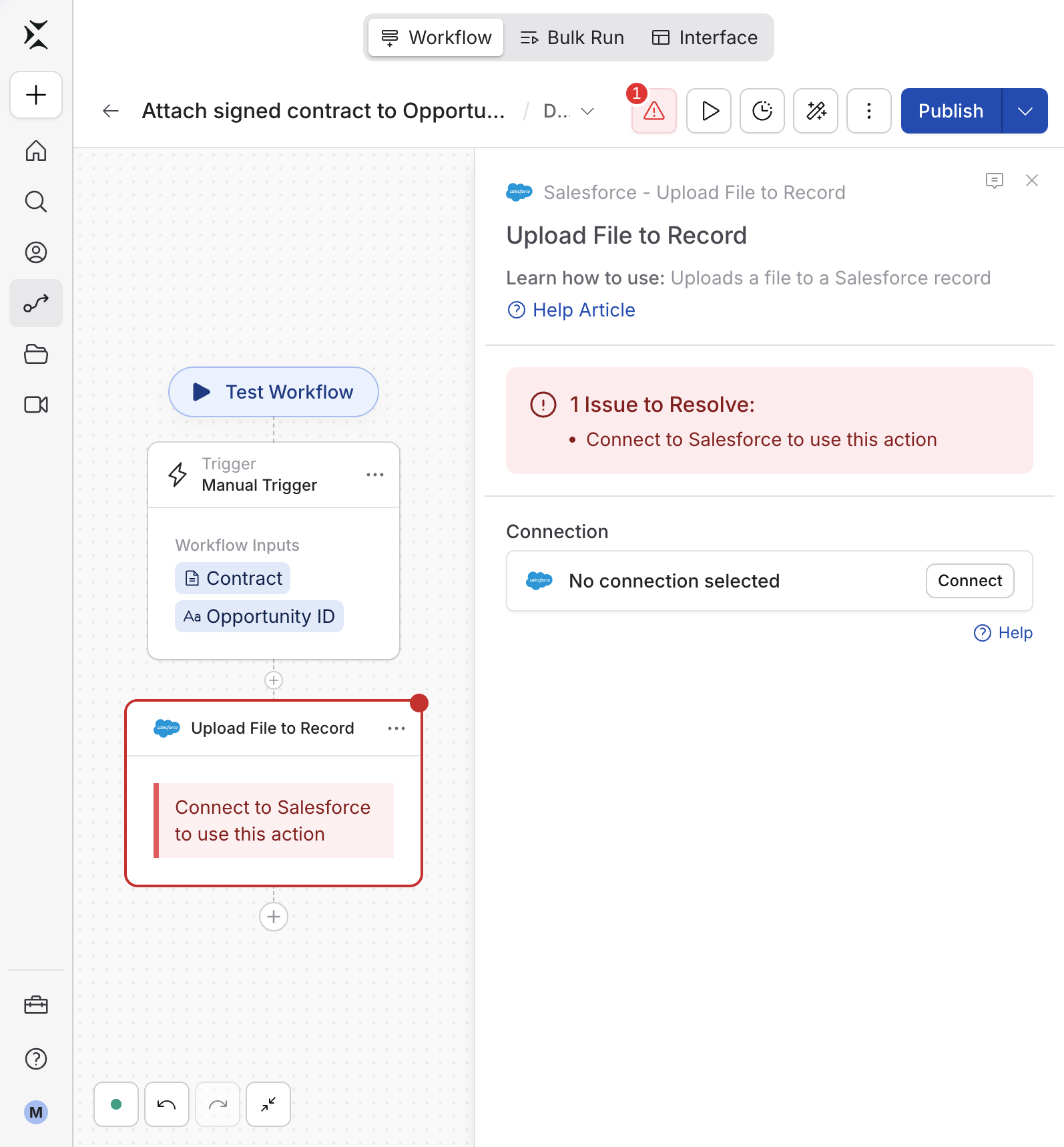 Upload File to Record action asking you to connect a Salesforce account