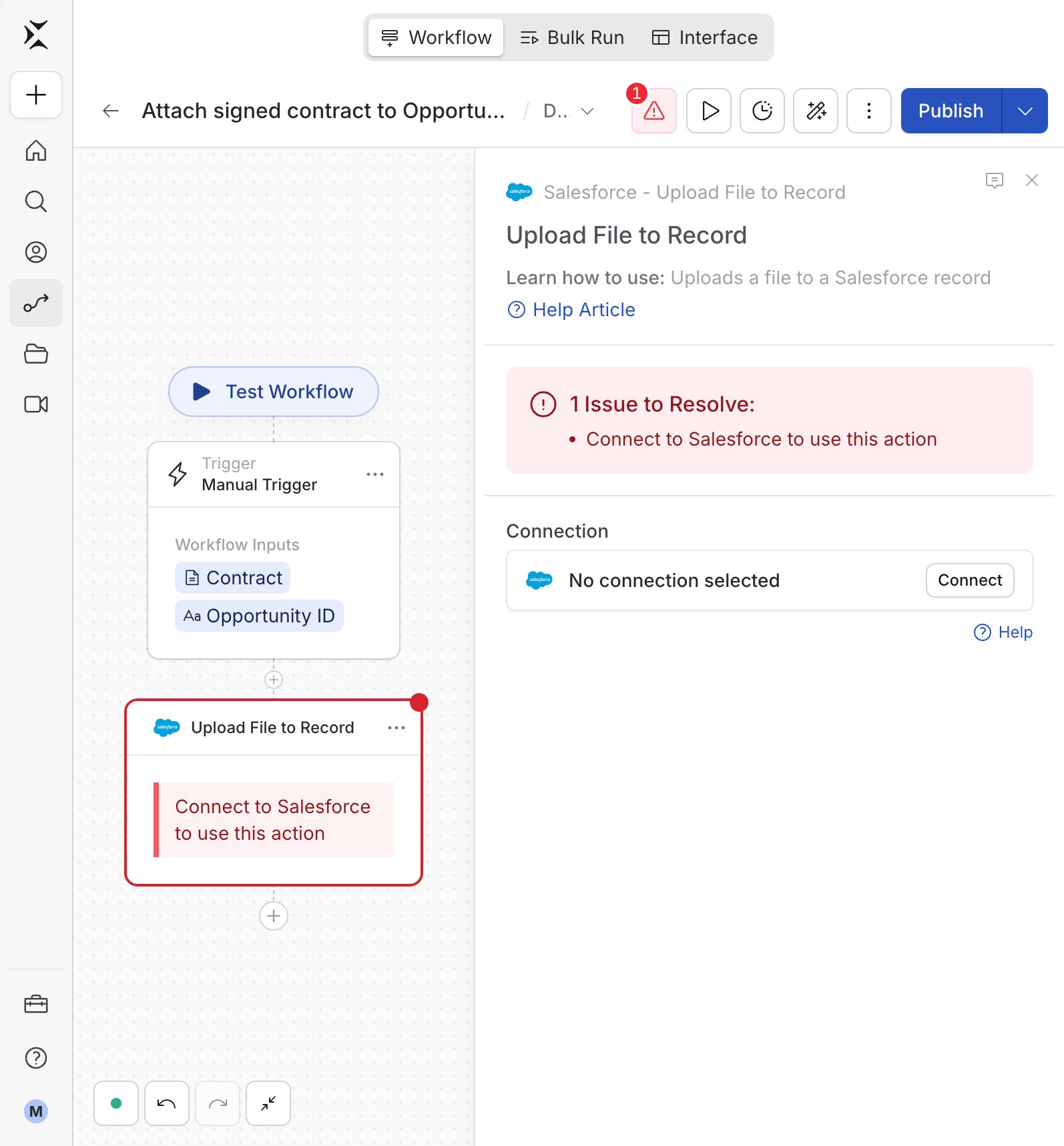 Upload File to Record action asking you to connect a Salesforce account
