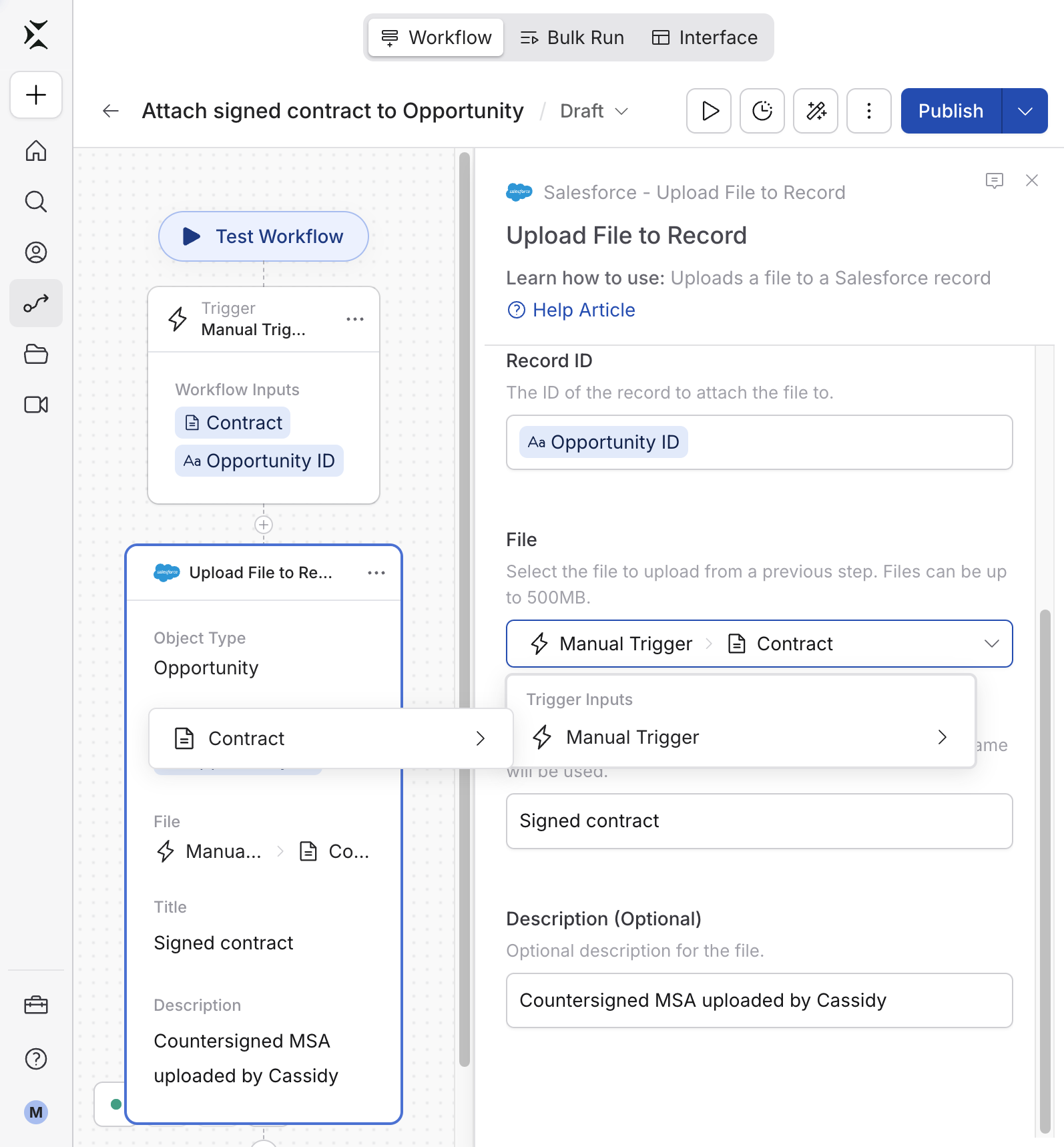 File field variable picker showing a Contract file from the Workflow trigger