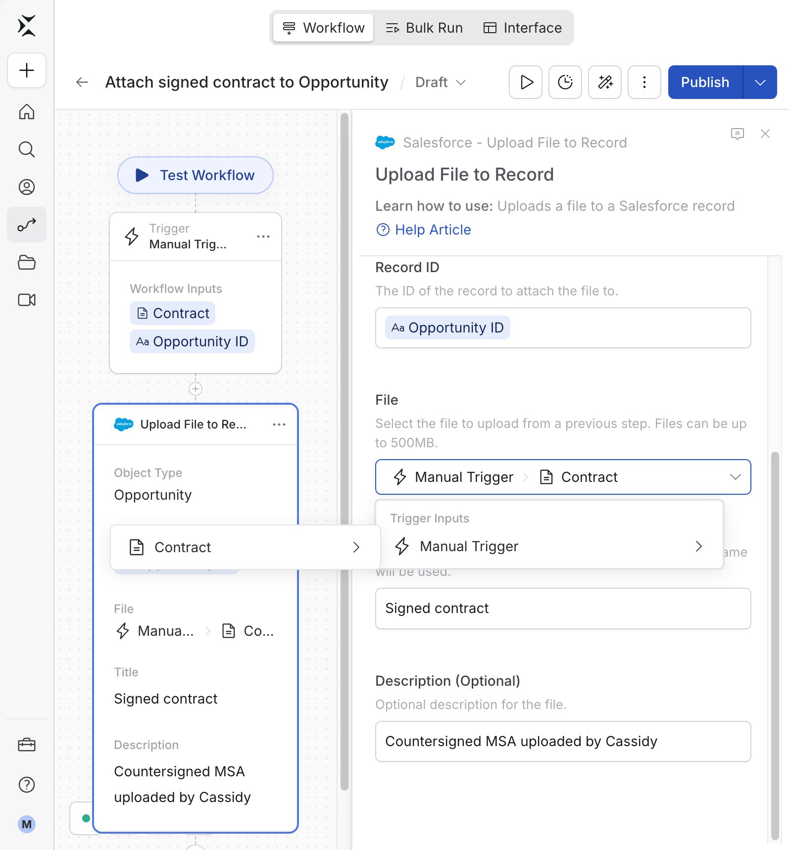 File field variable picker showing a Contract file from the Workflow trigger