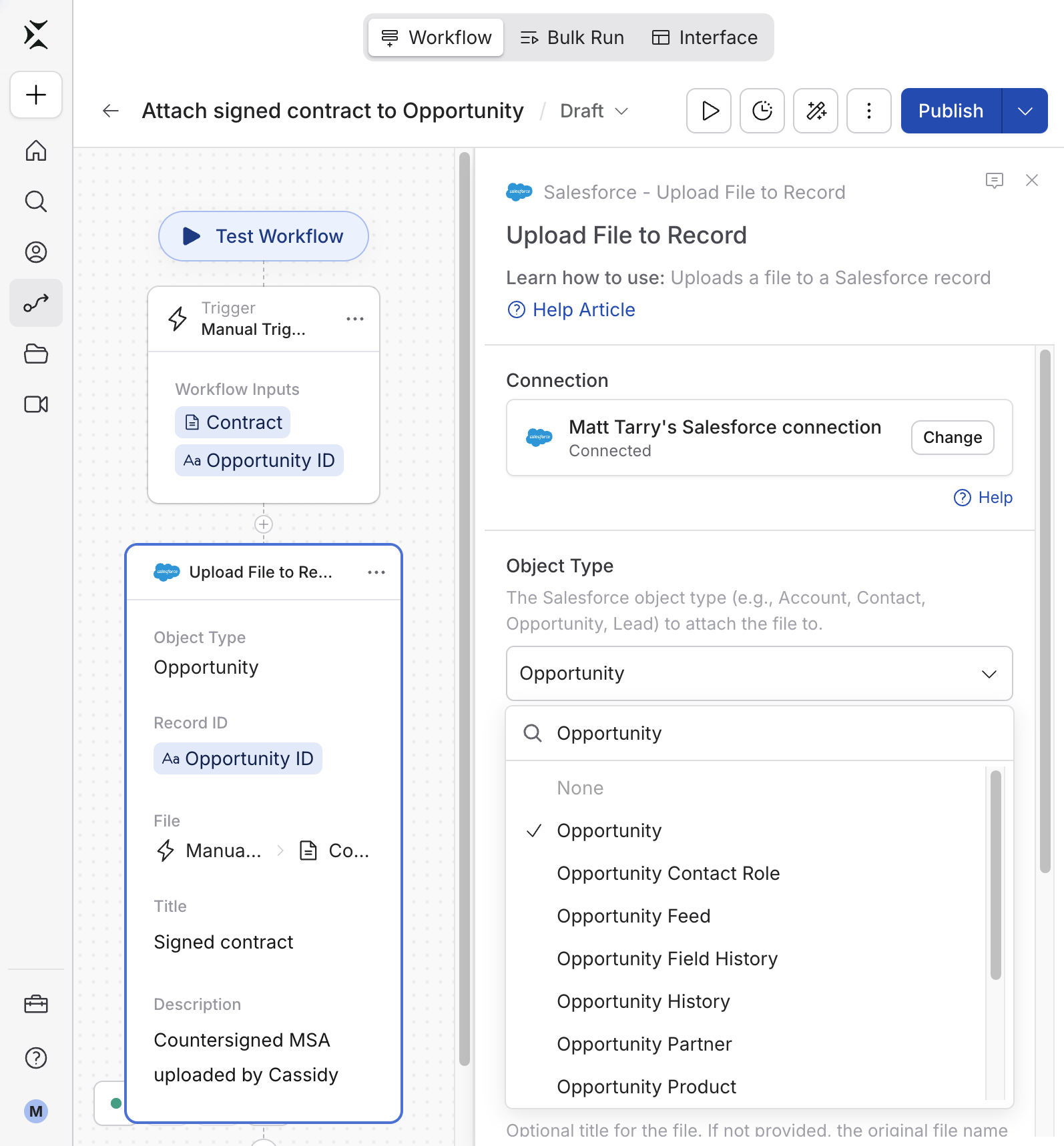 Object Type dropdown searched for Opportunity in the Upload File to Record action