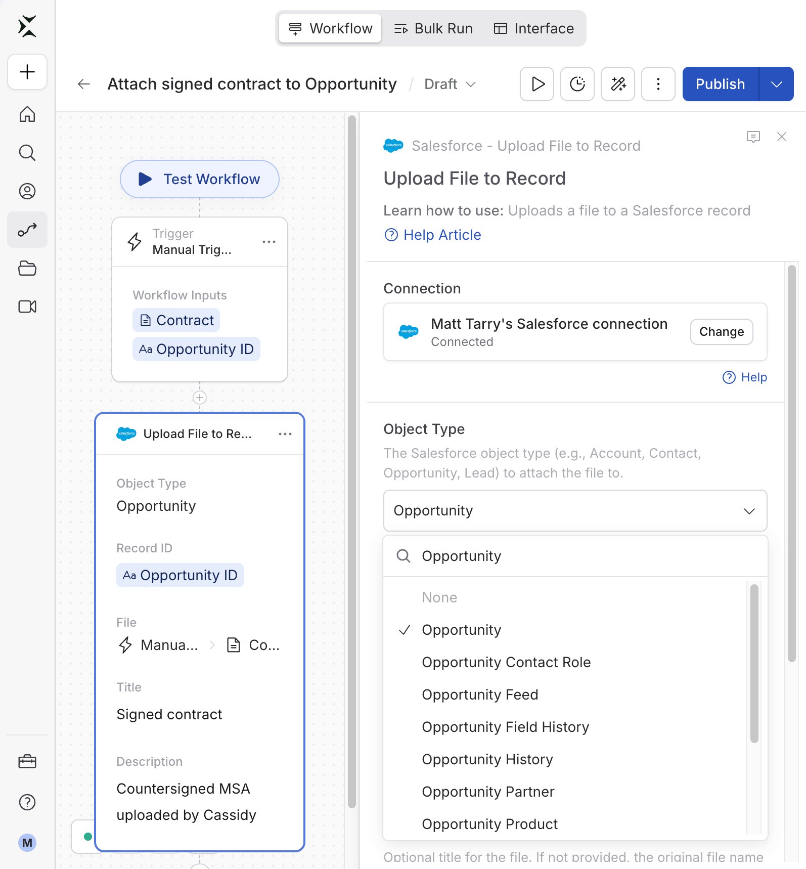 Object Type dropdown searched for Opportunity in the Upload File to Record action