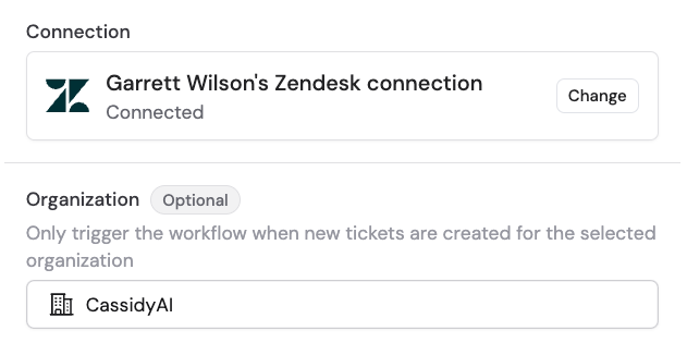 Selecting a Zendesk organization to filter tickets