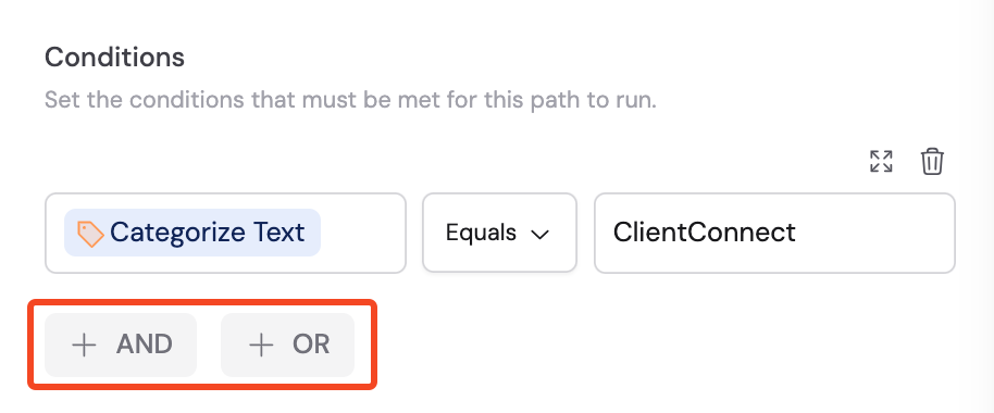 And/Or operator buttons for adding conditions