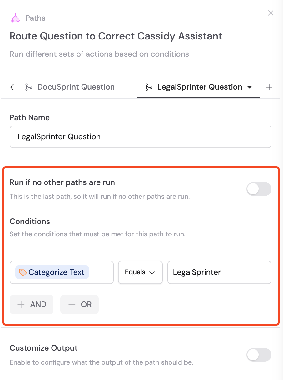 Last path with custom conditions configured
