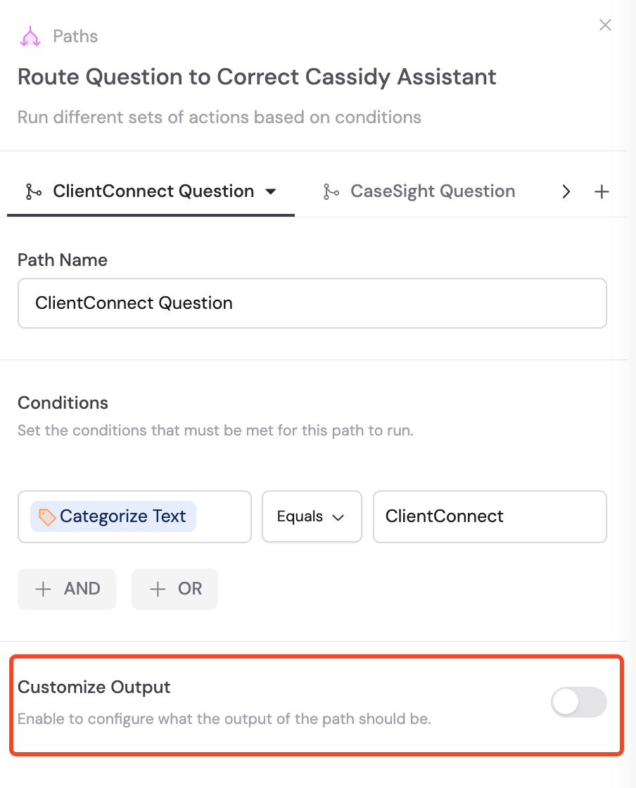 Customize Output toggle enabled
