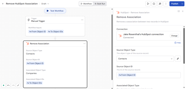 Workflow output confirming the association was removed