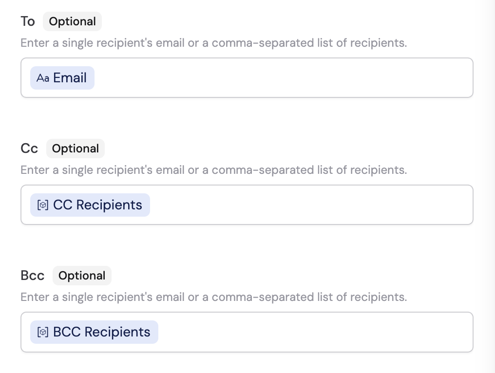 Optional fields expanded with To, Cc, and Bcc