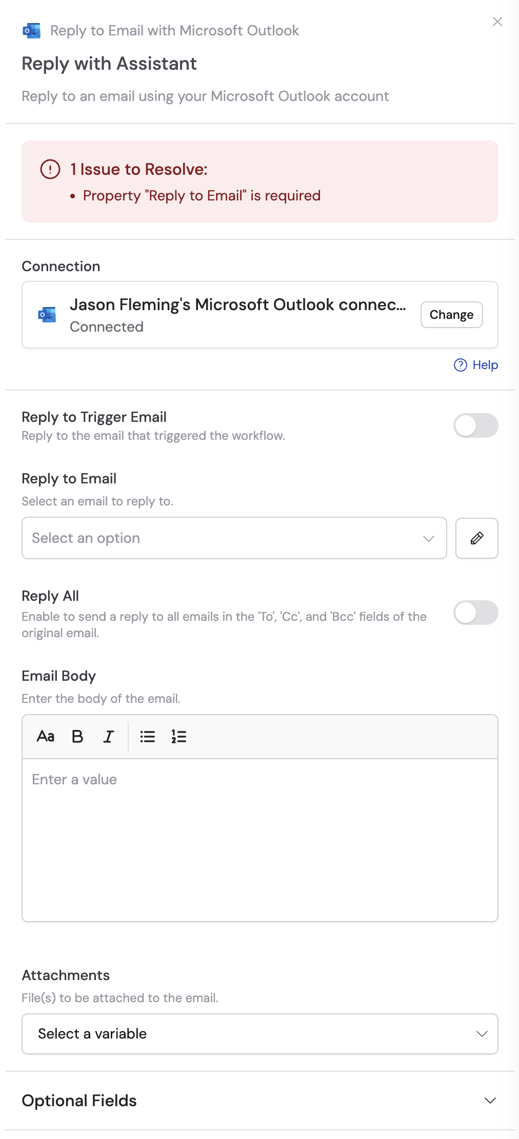 Adding a Microsoft Outlook connection for the action