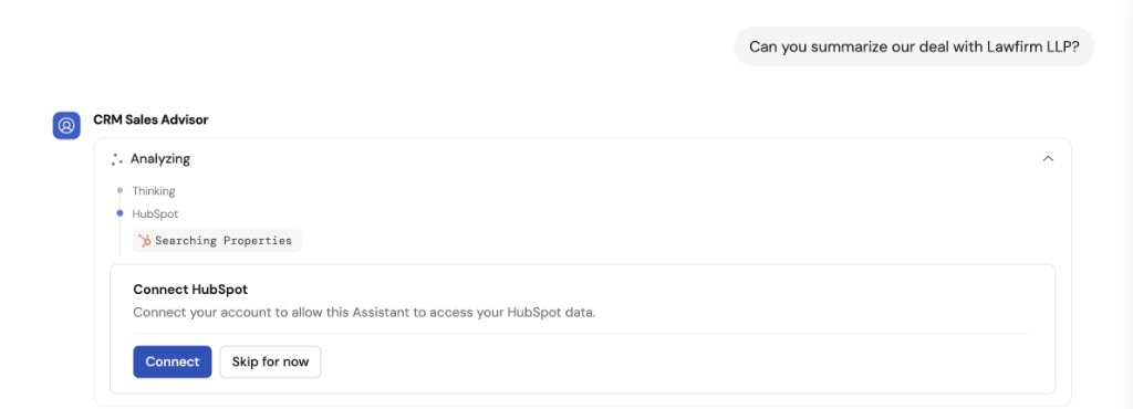 Chat showing Connect HubSpot prompt with Connect and Skip for now buttons while the Agent is analyzing