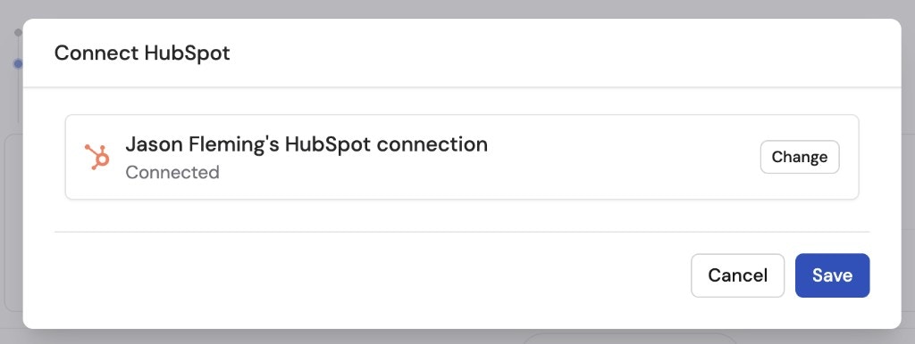 Connect HubSpot dialog showing connected account with Change and Save buttons