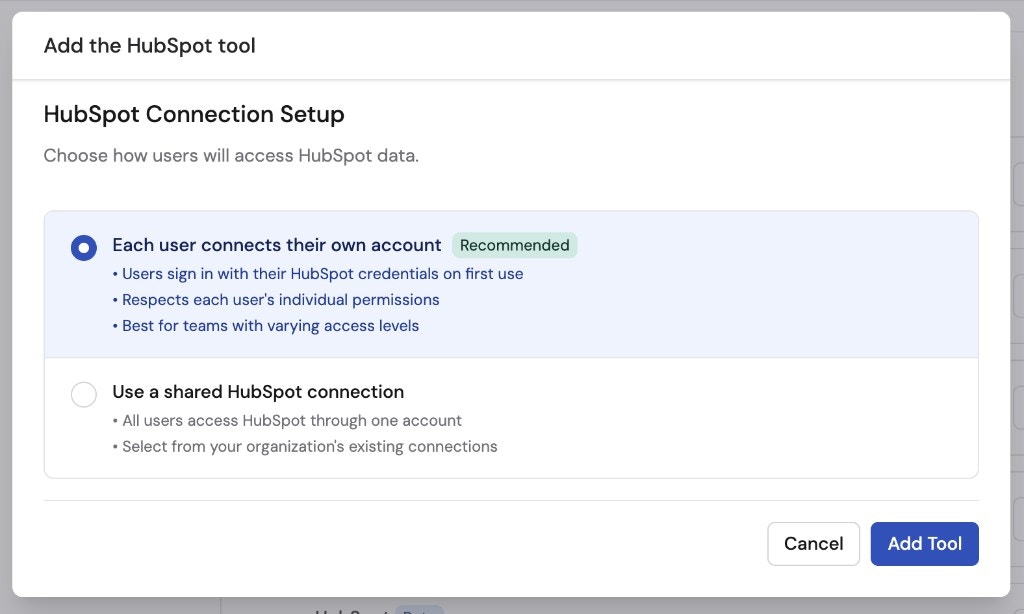 HubSpot Connection Setup dialog showing per-user (recommended) and shared connection options with Add Tool button