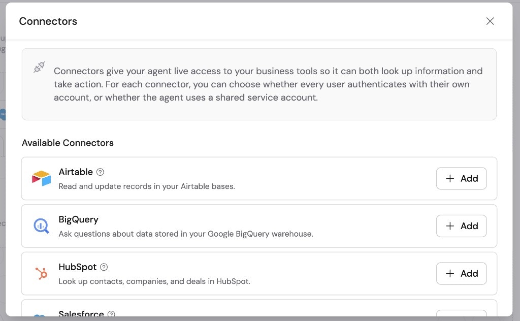 Connectors dialog showing available connectors including Airtable, BigQuery, HubSpot, and Salesforce with Add buttons
