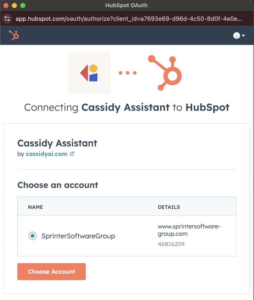 HubSpot OAuth authorization screen showing Connecting Cassidy Assistant to HubSpot with account selection