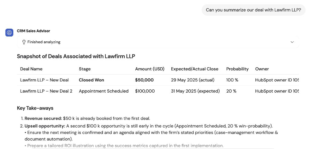 Agent response showing a deals snapshot table for Lawfirm LLP with key takeaways