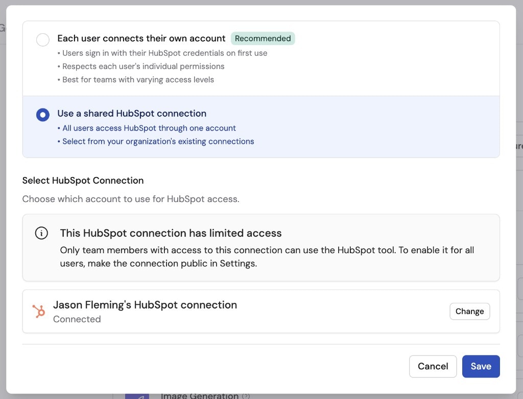 Shared HubSpot connection configured showing connected account with limited access notice and Save button